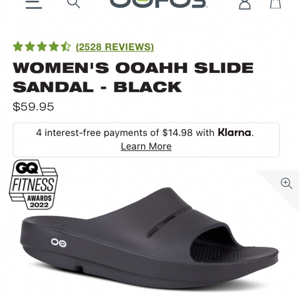 Oofos unisex black sandal W9 M7